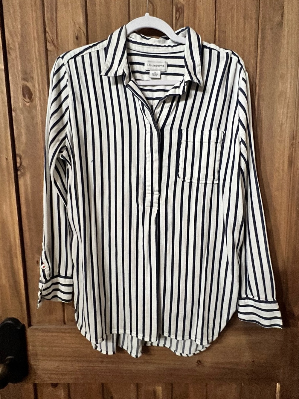 Liz Claiborne White Shirt with Navy Stripes Button-Down